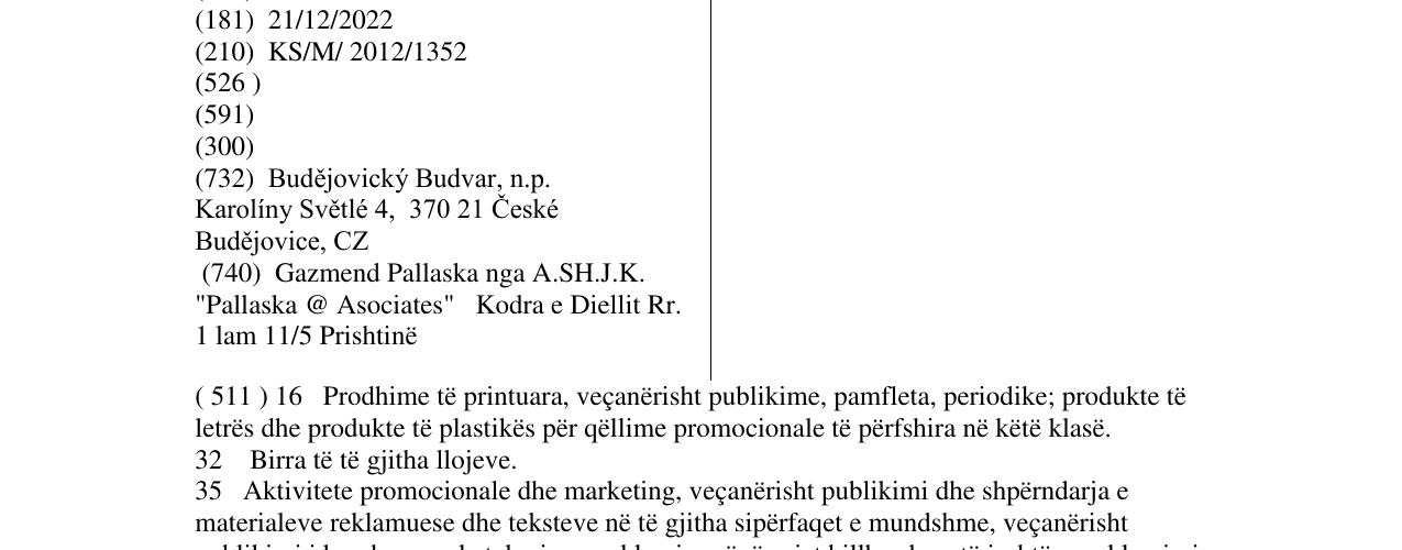 Zëri i markës Budweiser Budvar në buletin