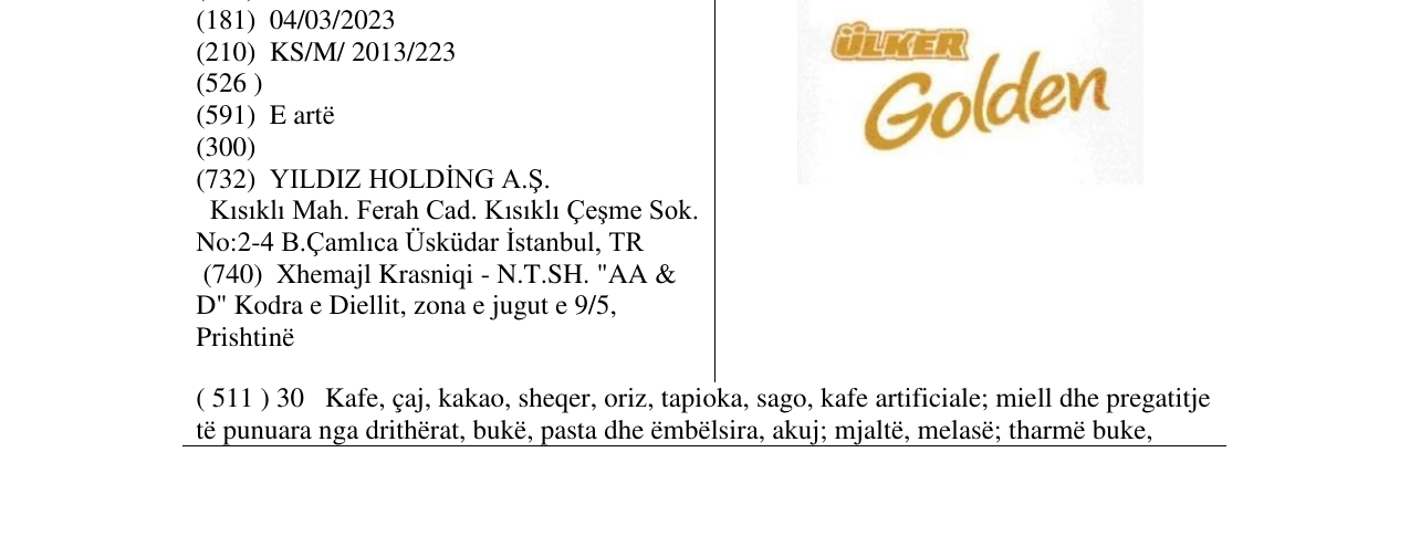 ULKER Golden markasının bültendeki kaydı