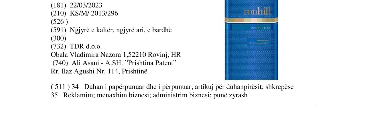 Zëri i markës ronhill Adriatic Blue në buletin