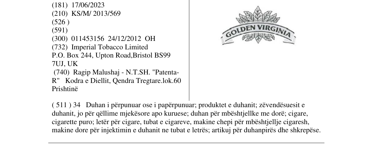 Zëri i markës GOLDEN VIRGINA në buletin