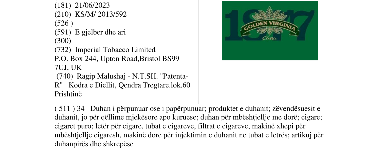 Zëri i markës GOLDEN VIRGINIA në buletin