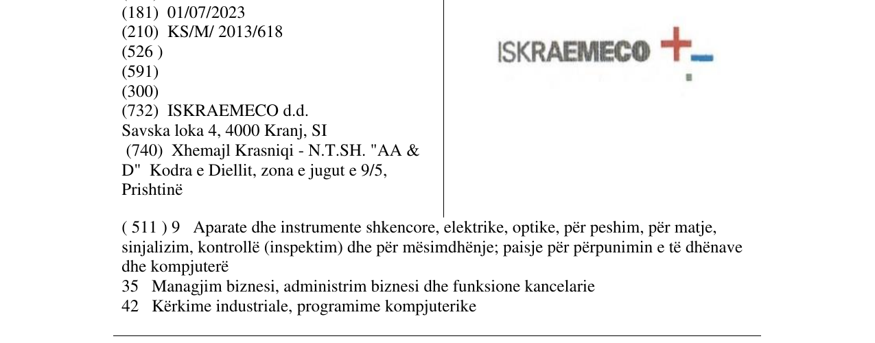 Zëri i markës ISKRAEMECO + -. në buletin