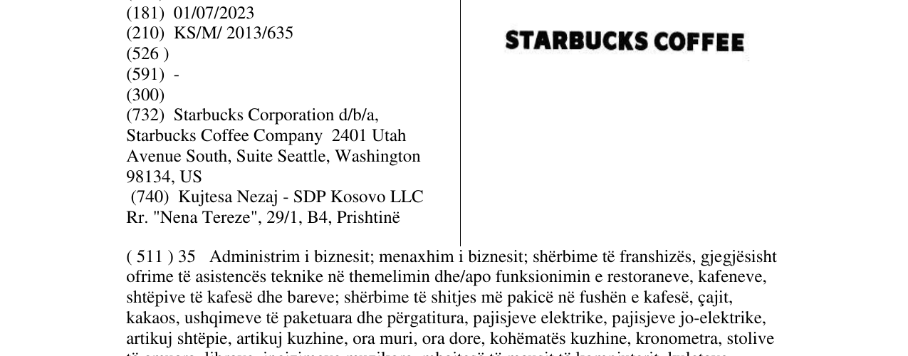 Zëri i markës STARBUCKS COFFEE në buletin