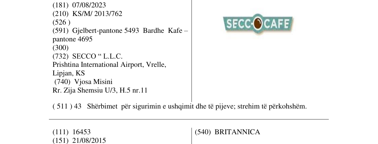 Zëri i markës SECCOCAFE në buletin