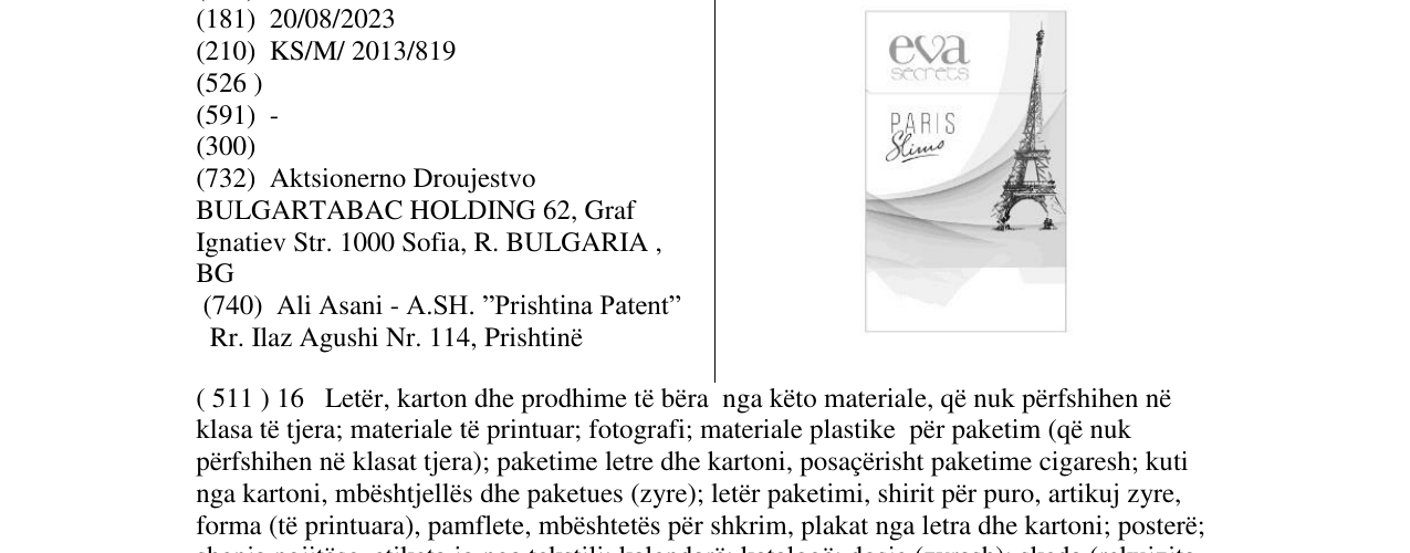 Zëri i markës EVA PARIS në buletin
