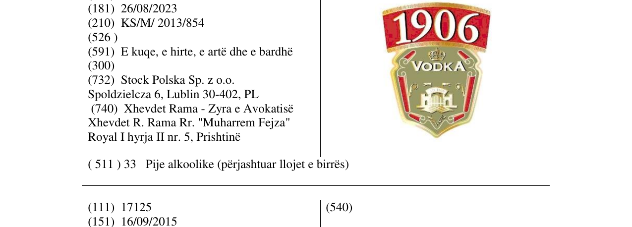 Zëri i markës 1906 VODKA në buletin