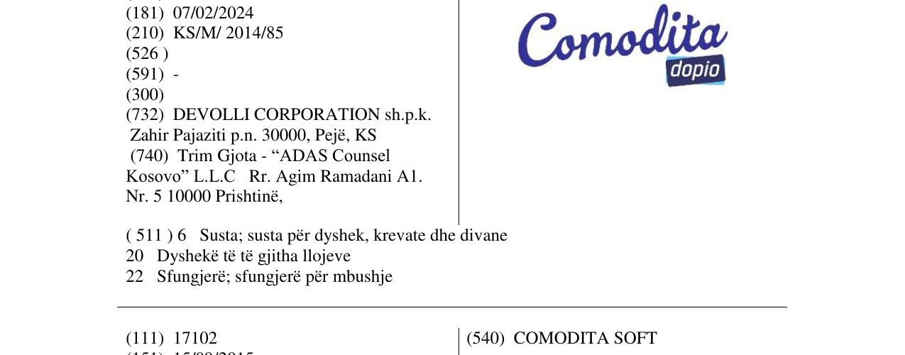 Zëri i markës Comodita dopio në buletin
