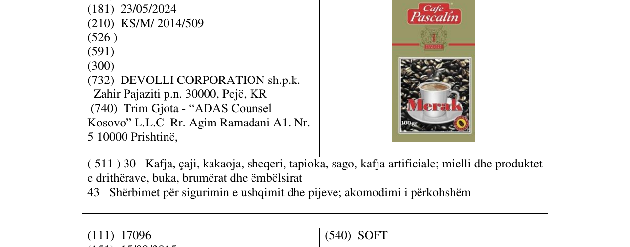 Zëri i markës Merak Cafe Pascalin në buletin