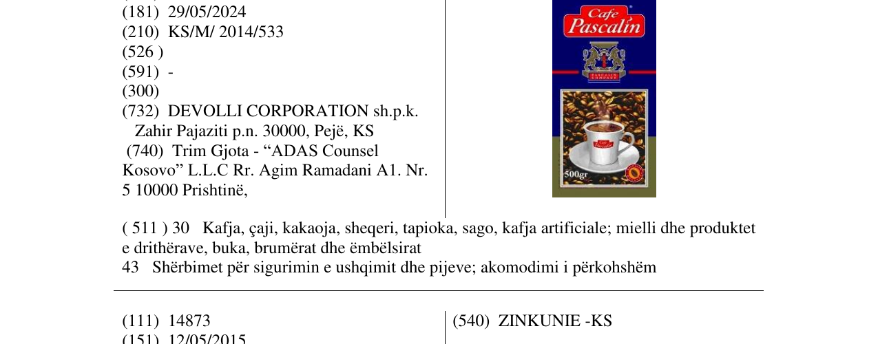 Zëri i markës Cafe Pascalin në buletin