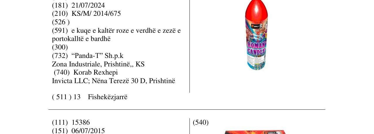 Zëri i markës ROMAN CANDLE 50 në buletin