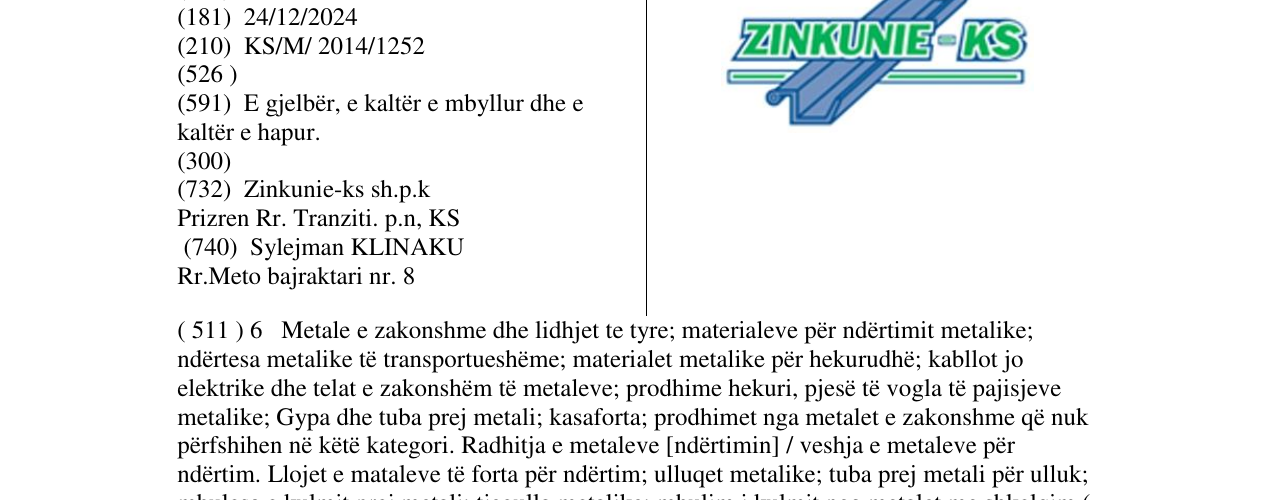 Zëri i markës ZINKUNIE - KS në buletin