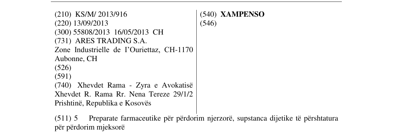 Zëri i markës XAMPENSO në buletin