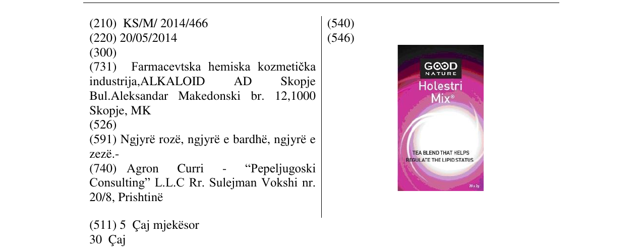 The entry of the trademark GOOD Holestri Mix in the bulletin