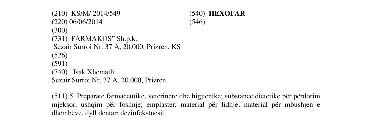 Zëri i markës HEXOFAR në buletin
