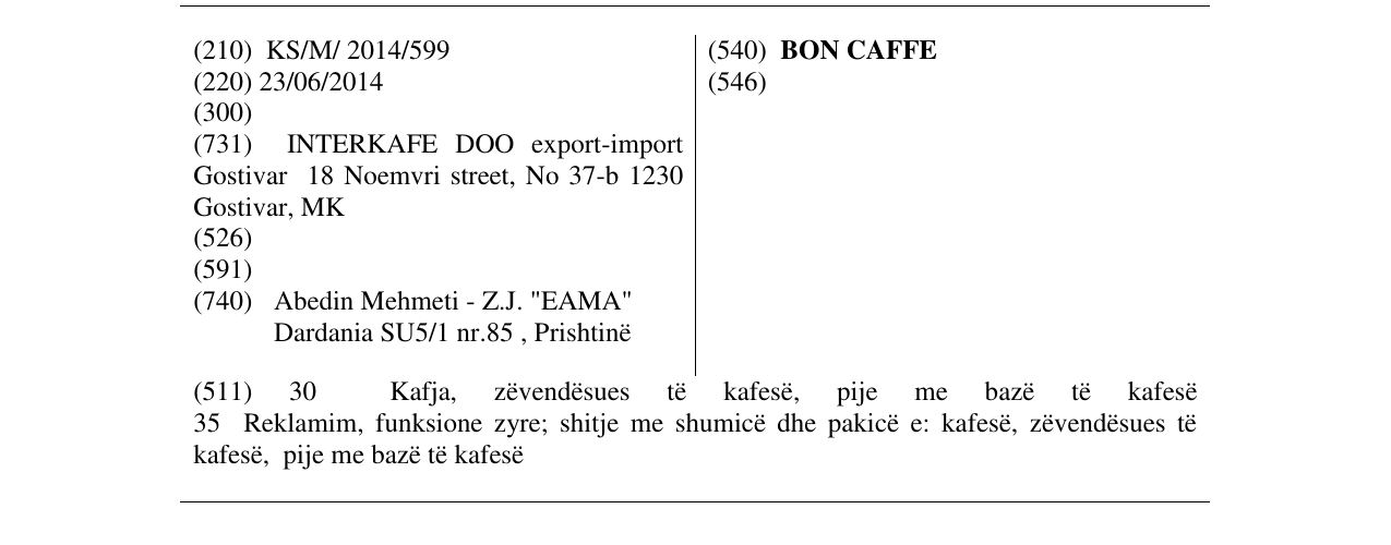 Zëri i markës BON CAFFE në buletin