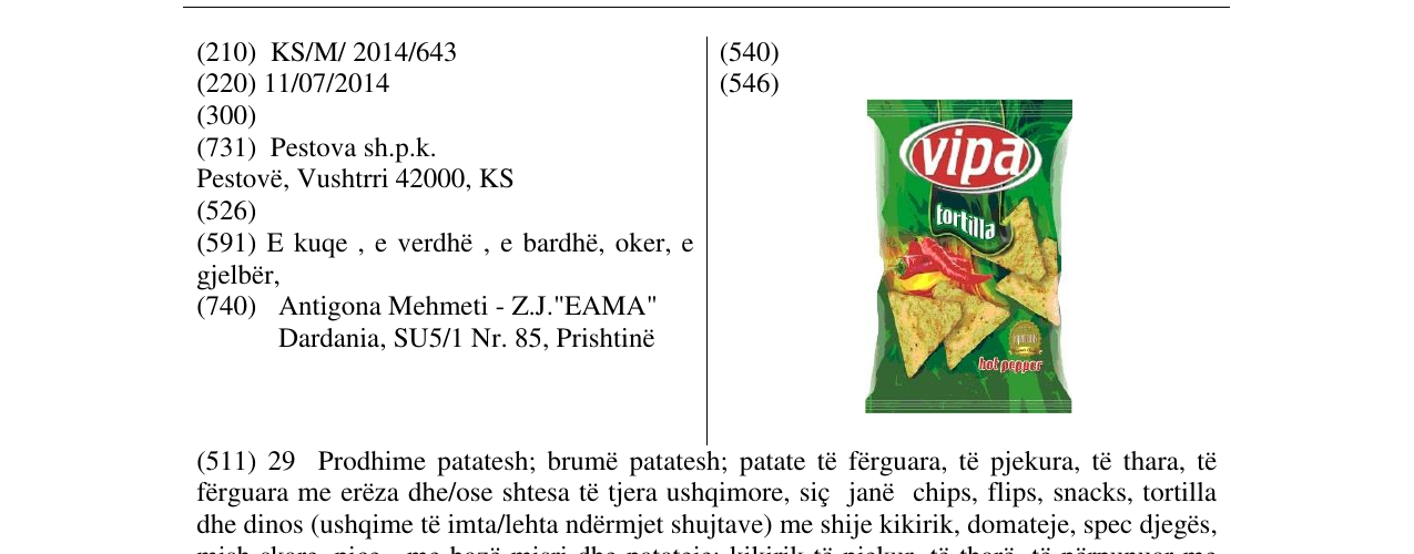 Zëri i markës Vipa tortilla në buletin