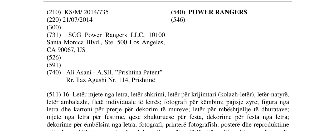 Zëri i markës POWER RANGERS në buletin