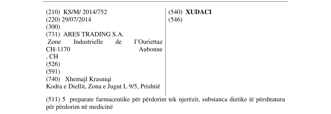 Zëri i markës XUDACI në buletin