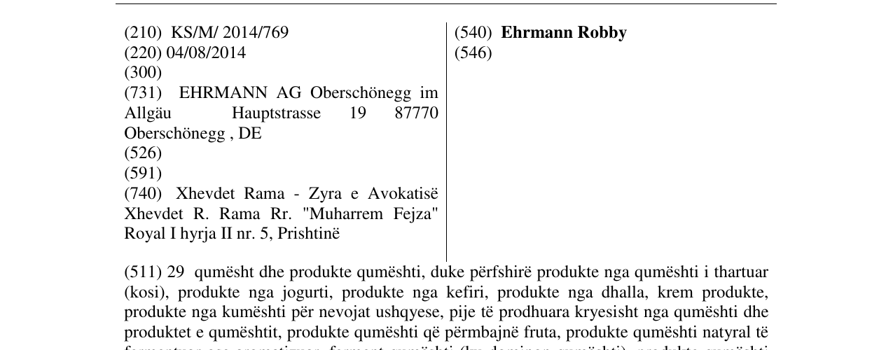 Zëri i markës Ehrmann Robby në buletin