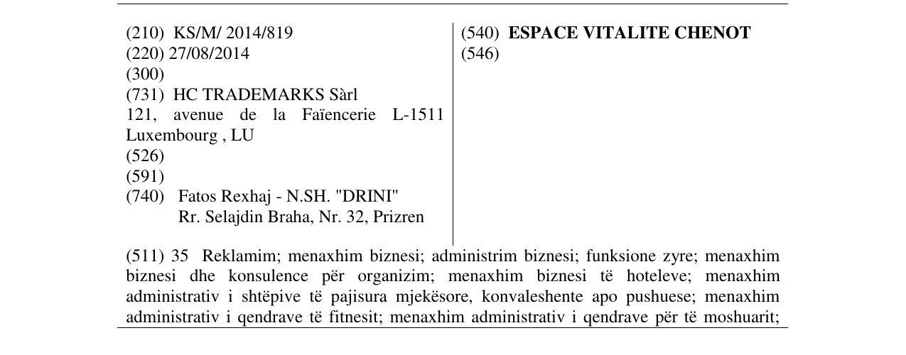 Zëri i markës ESPACE VITALITE CHENOT në buletin