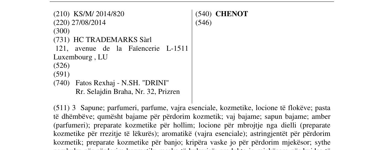 Zëri i markës CHENOT në buletin