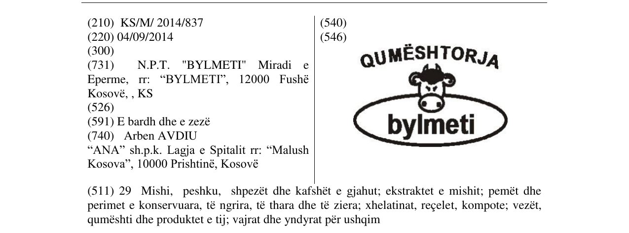 Zëri i markës QUMËSHTORJA bylmeti në buletin