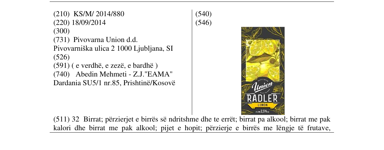 Zëri i markës Union RADLER LEMON në buletin