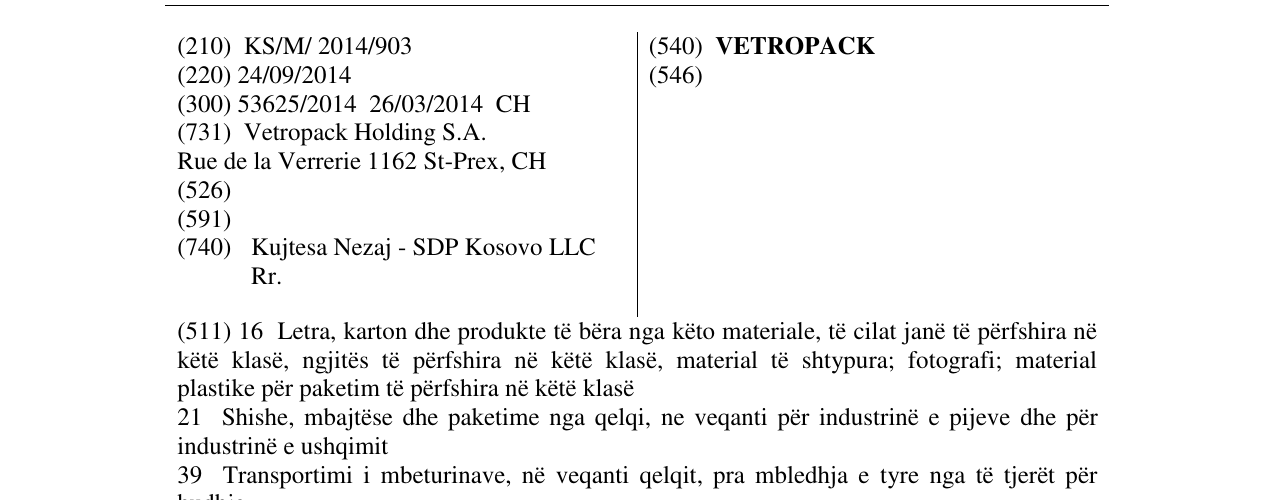Zëri i markës VETROPACK në buletin
