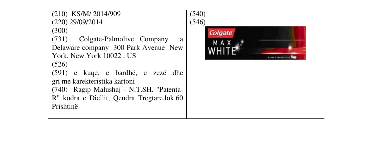 Zëri i markës Colgate MAX WHITE në buletin