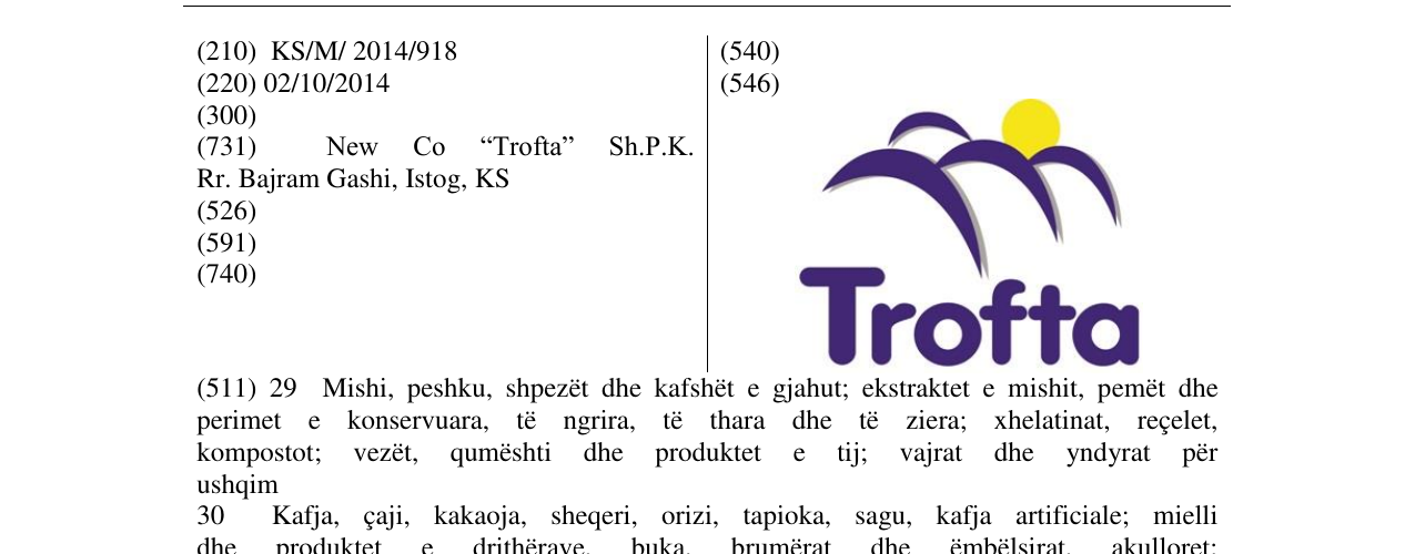 Zëri i markës Trofta në buletin