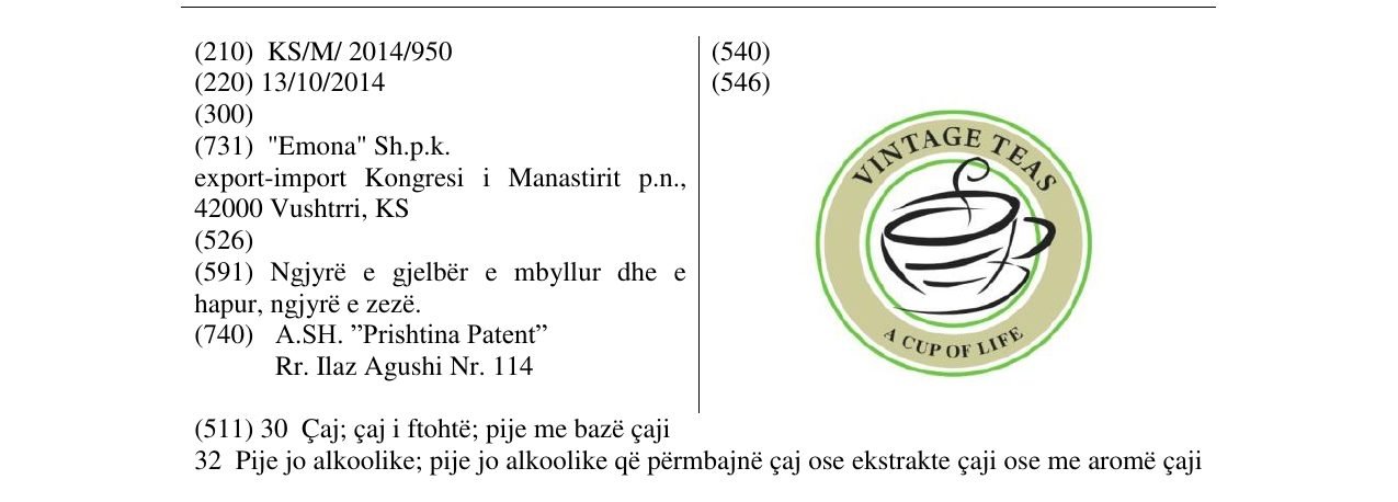 Zëri i markës VINTAGE TEAS A CUP OF LIFE në buletin