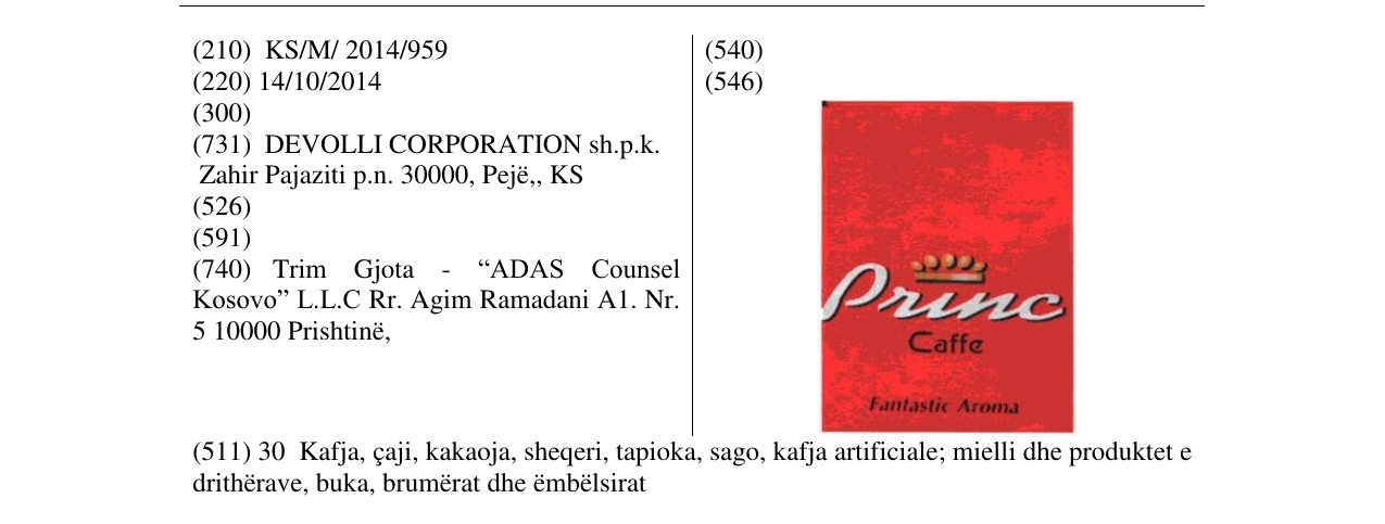 Zëri i markës Princ Caffe në buletin