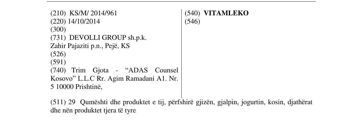 Zëri i markës VITAMLEKO në buletin
