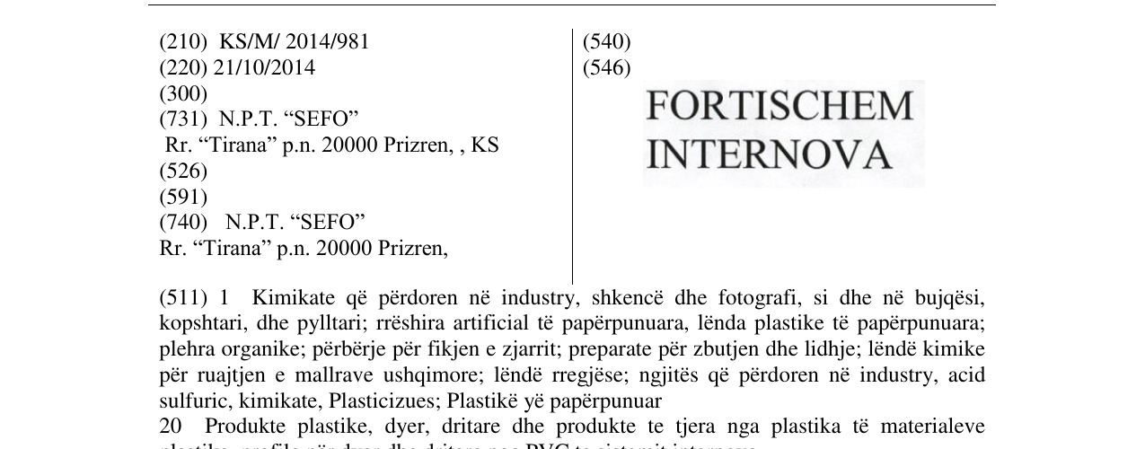 Zëri i markës FORTISCHEM INTERNOVA në buletin