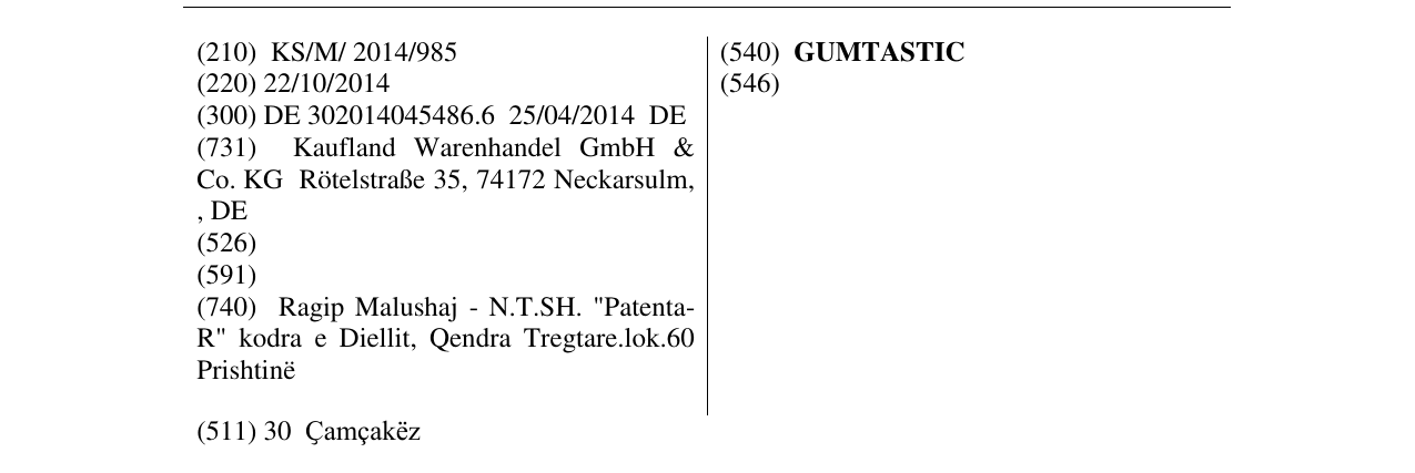 Zëri i markës GUMTASTIC në buletin
