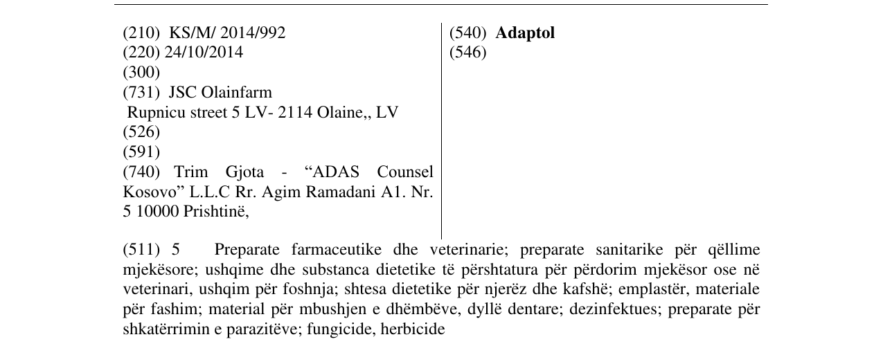 Zëri i markës Adaptol në buletin