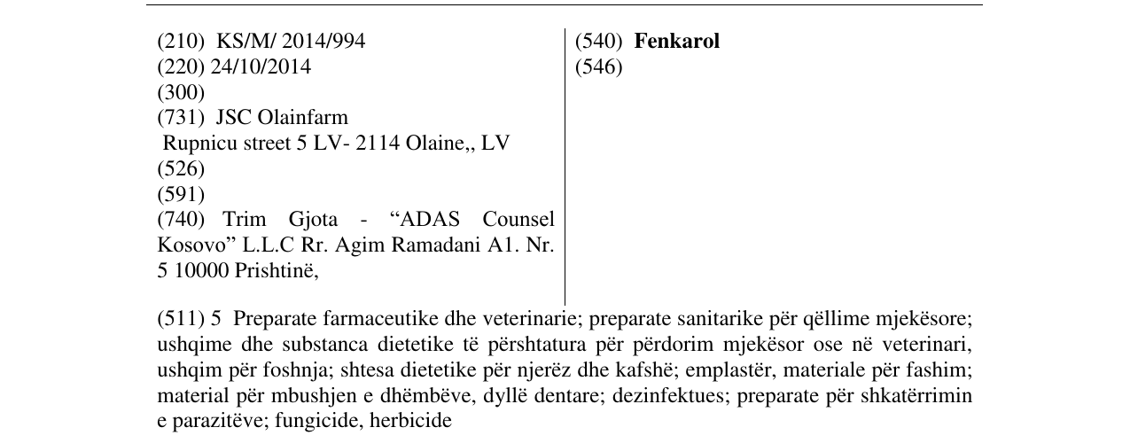 Zëri i markës Fenkarol në buletin