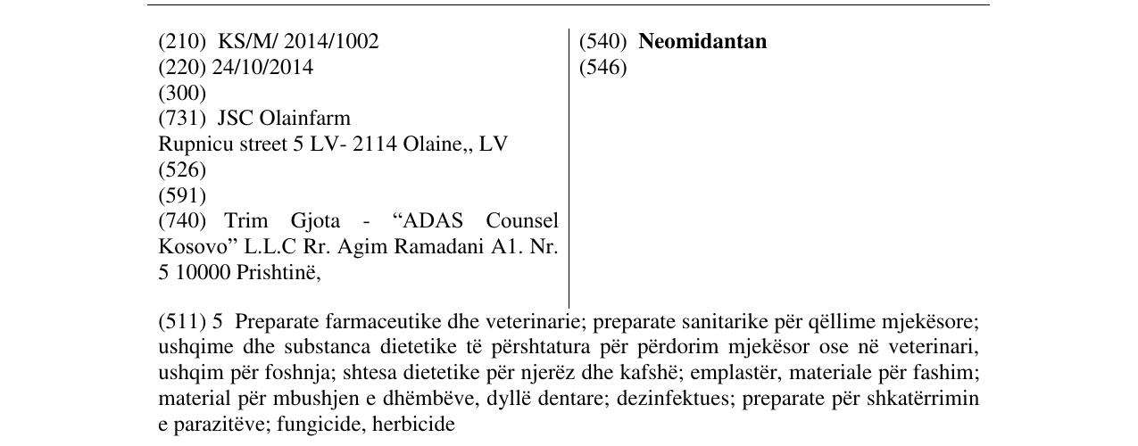 Zëri i markës Neomidantan në buletin