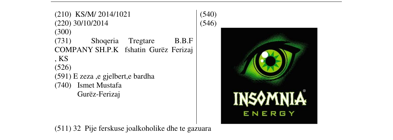 Zëri i markës INSOMNIA ENERGY në buletin