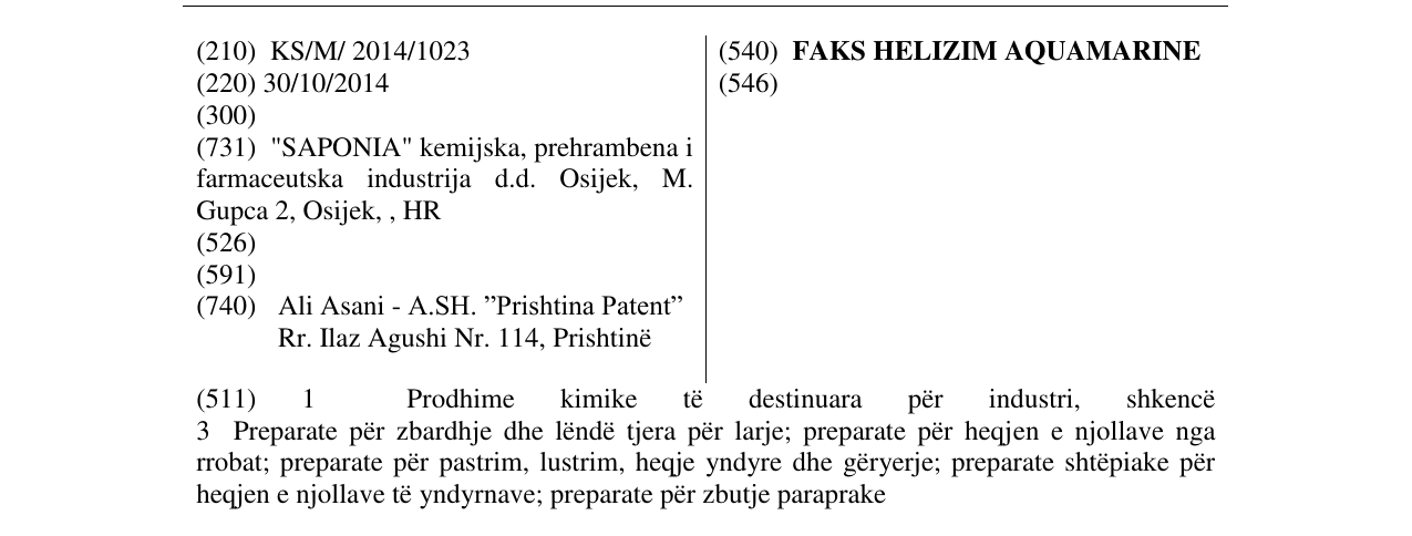 Zëri i markës FAKS HELIZIM AQUAMARINE në buletin