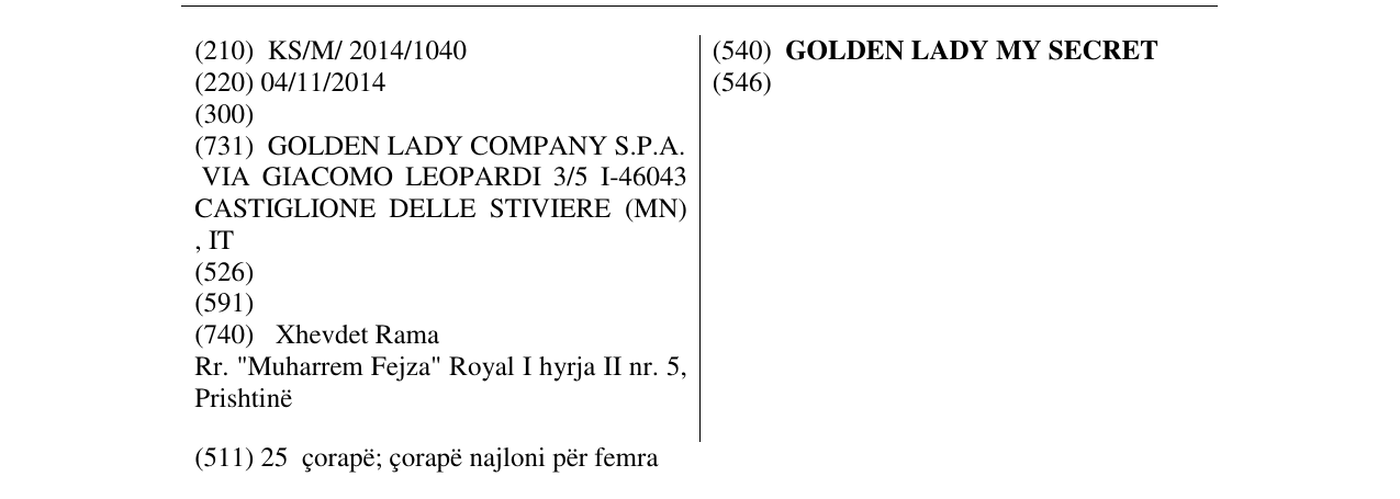 Zëri i markës GOLDEN LADY MY SECRET në buletin