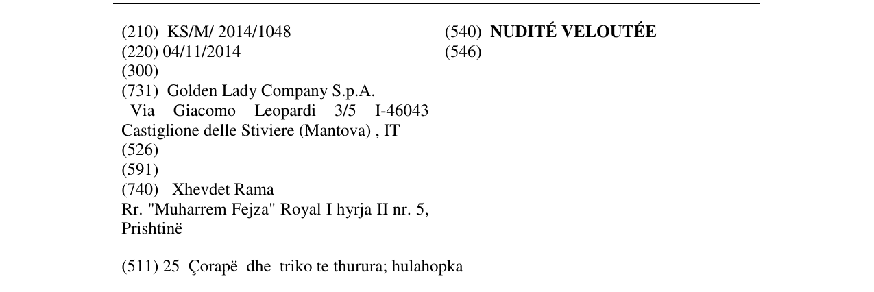Zëri i markës NUDITÉ VELOUTÉE në buletin