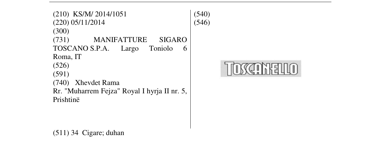 Zëri i markës TOSCANELLO në buletin
