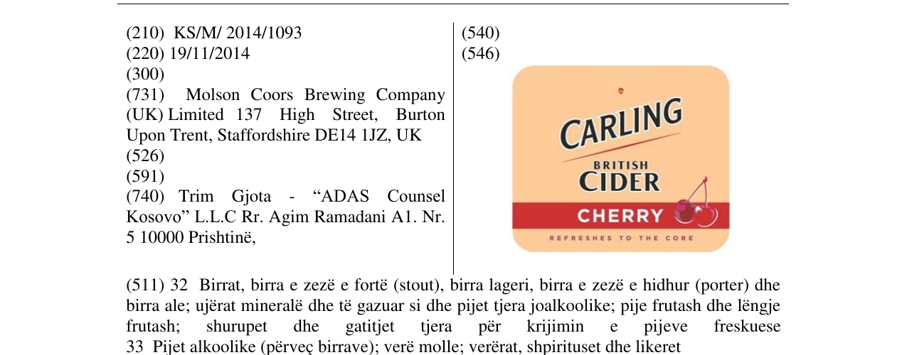 Zëri i markës CARLING BRITISH në buletin