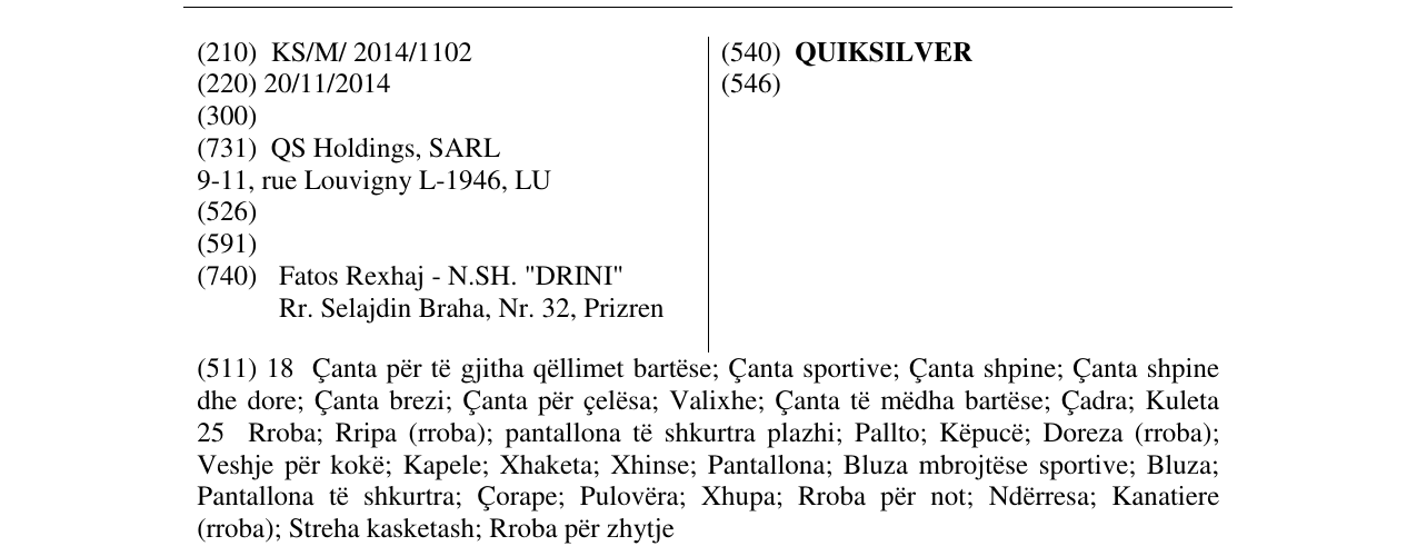 Zëri i markës QUIKSILVER në buletin