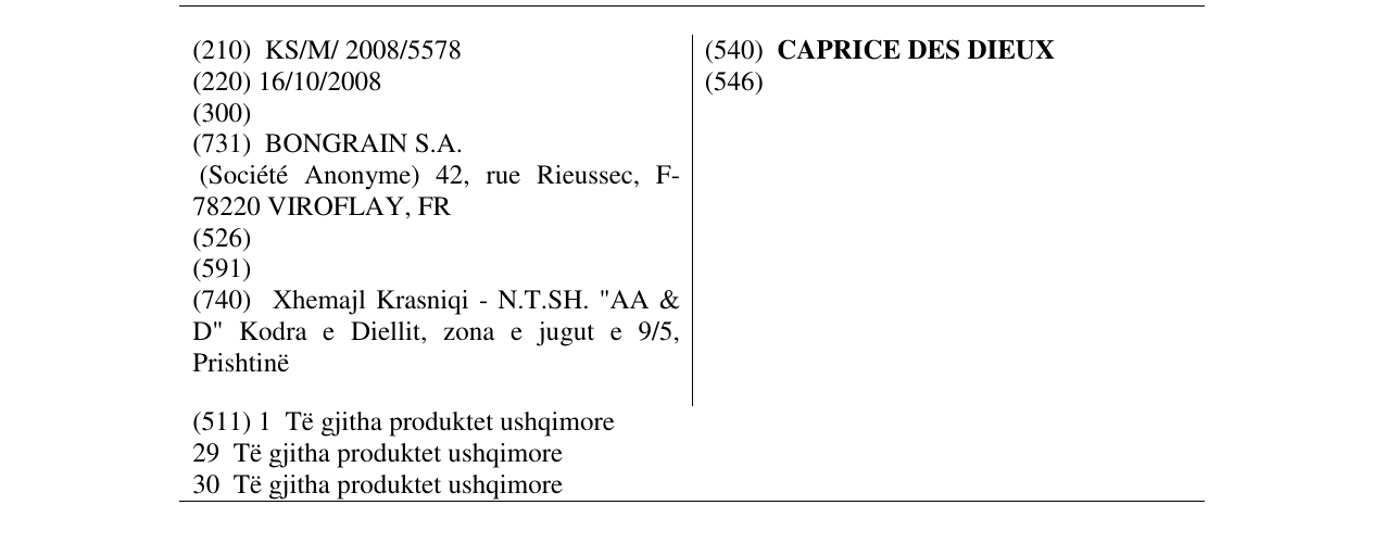Zëri i markës CAPRICE DES DIEUX në buletin