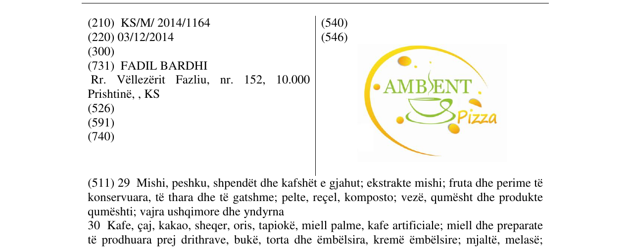 Zëri i markës AMBIENT Pizza në buletin