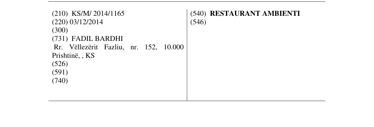 Zëri i markës RESTAURANT AMBIENTI në buletin