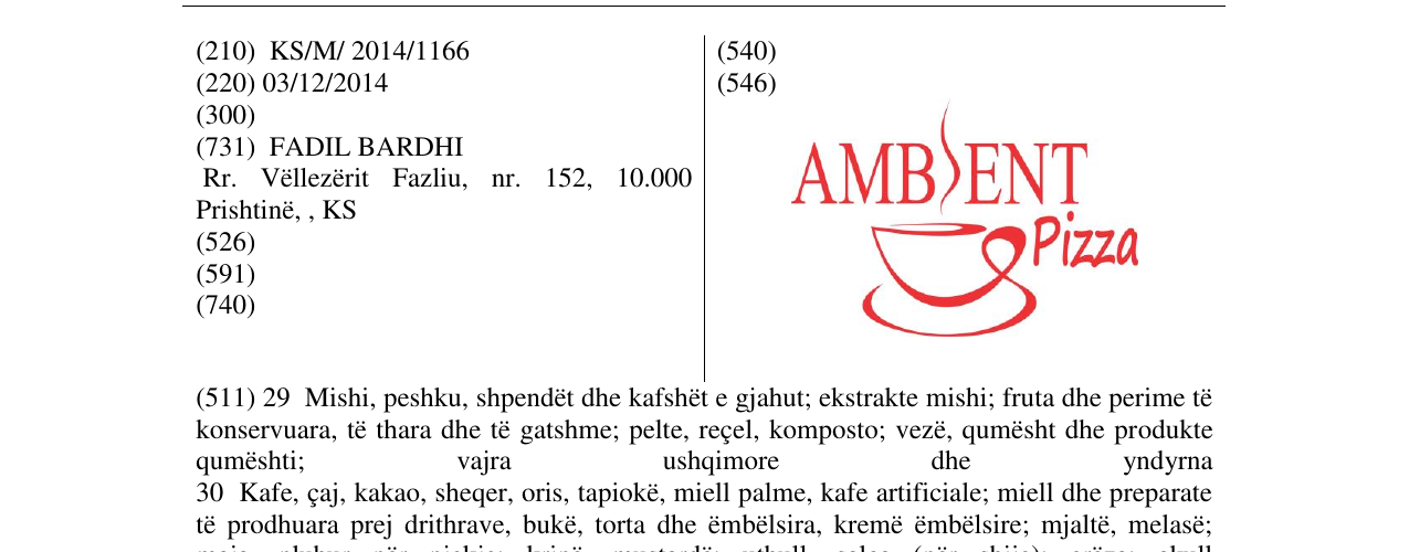 Zëri i markës AMBIENT Pizza në buletin