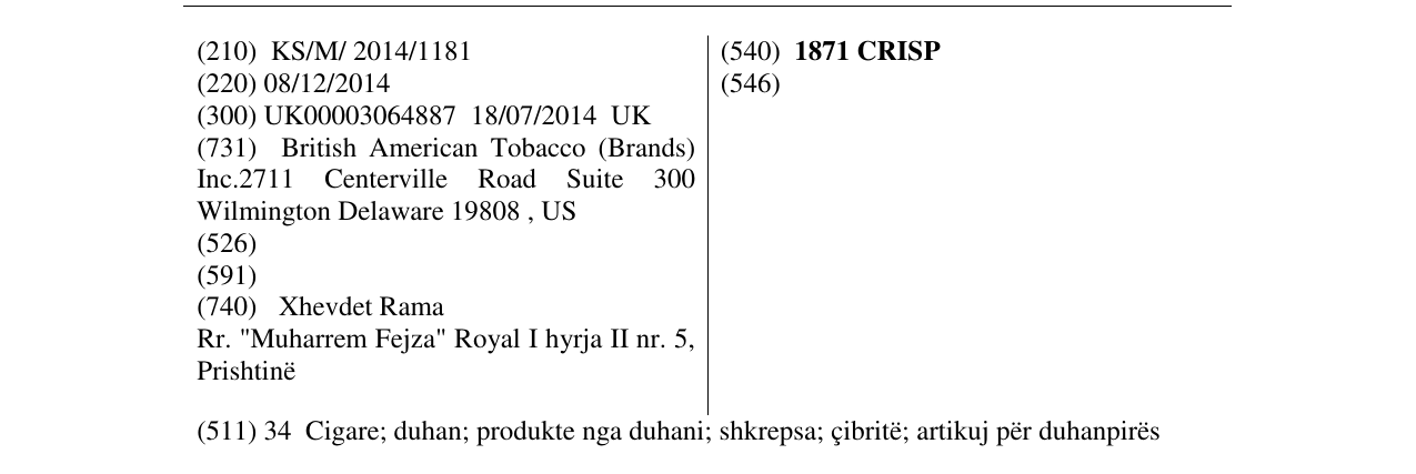 Zëri i markës 1871 CRISP në buletin